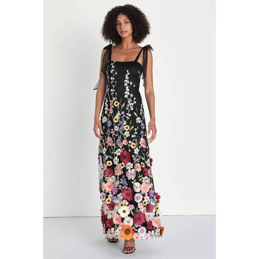 Lulus Thriving Poise Black 3d Floral Embroidered Tie-strap Maxi Dress - Size M